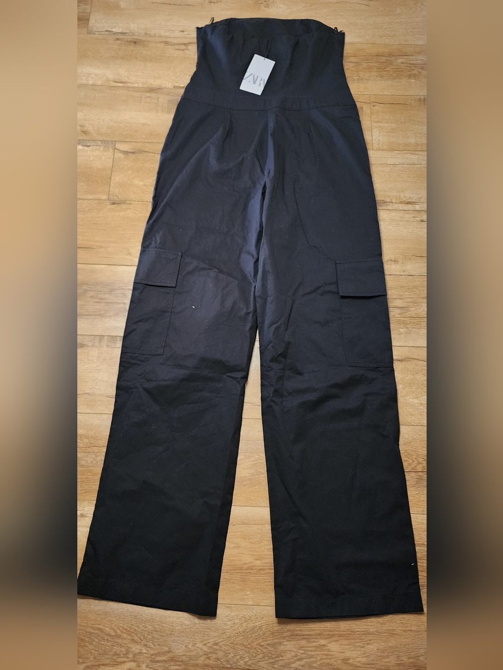 NWT Zara Tube Cargo Jumpsuit 100% Cotton Black Wide Leg L Strapless - Picture 13 of 16